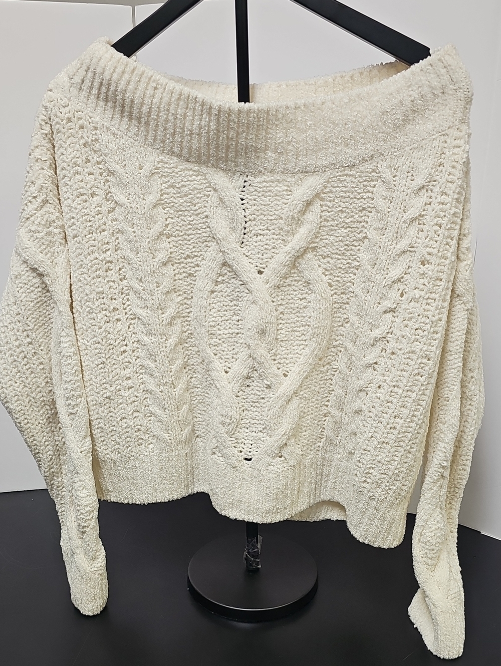 Express Off-Shoulder Cable Knit Sweater in Cream